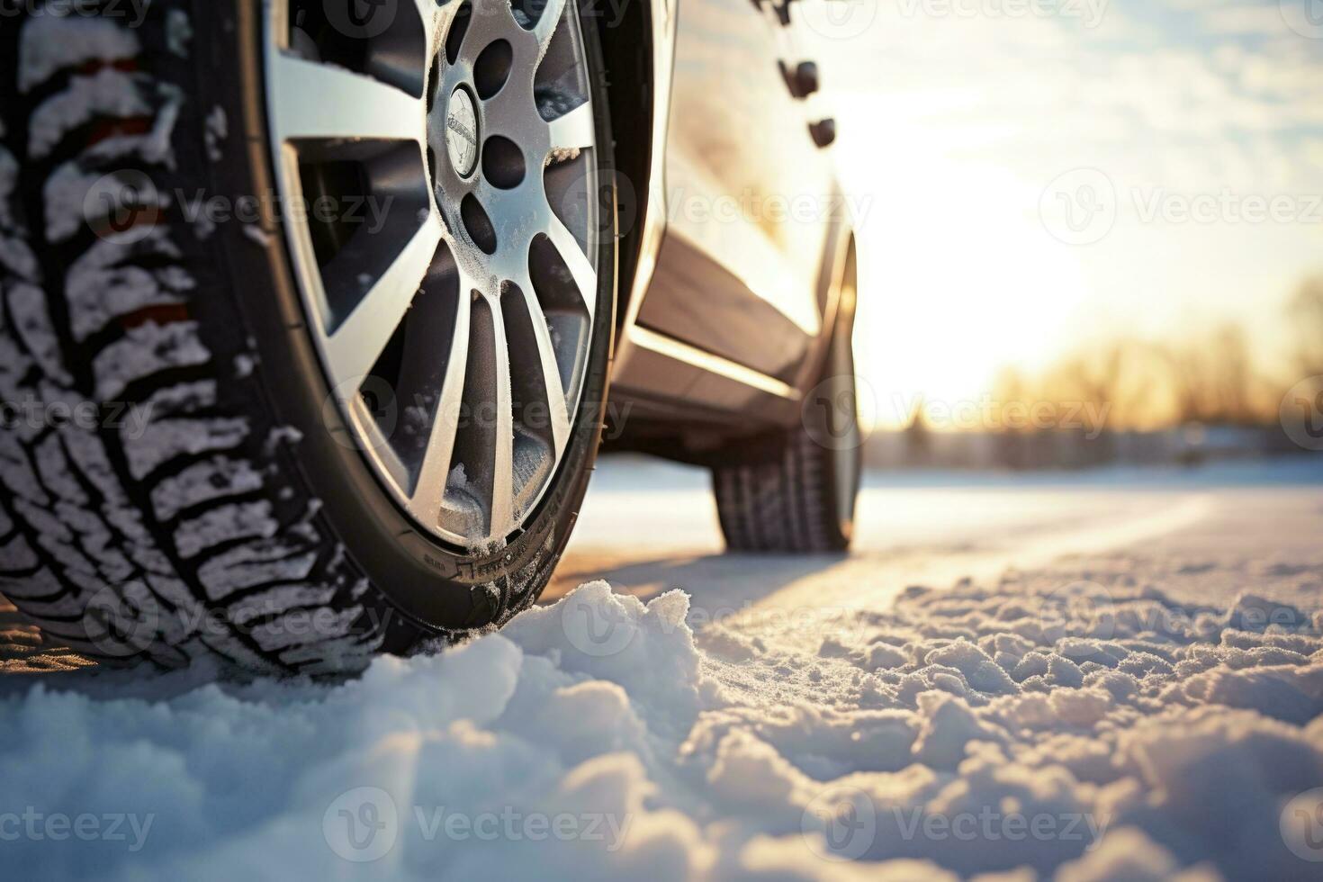 Car wheel with winter car on snow. Generative AI photo