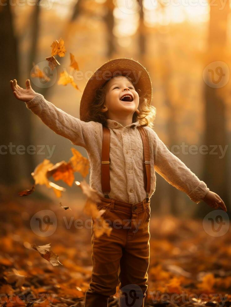 emotional dynamic pose Brazilian kid in autumn AI Generative photo