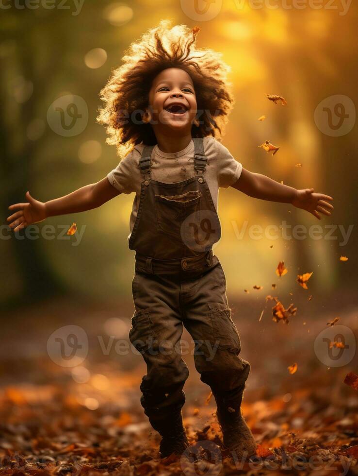 emotional dynamic pose Brazilian kid in autumn AI Generative photo
