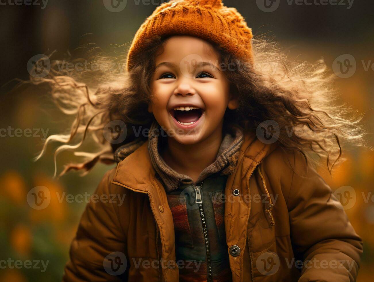 emotional dynamic pose Brazilian kid in autumn AI Generative photo