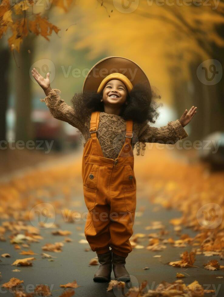 emotional dynamic pose Brazilian kid in autumn AI Generative photo