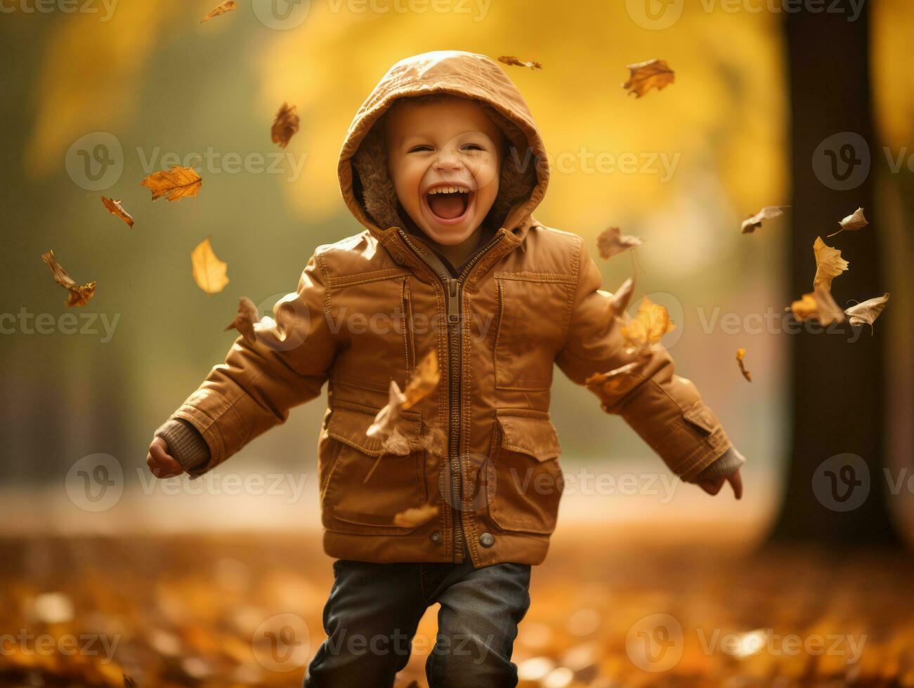 emotional dynamic pose Brazilian kid in autumn AI Generative photo