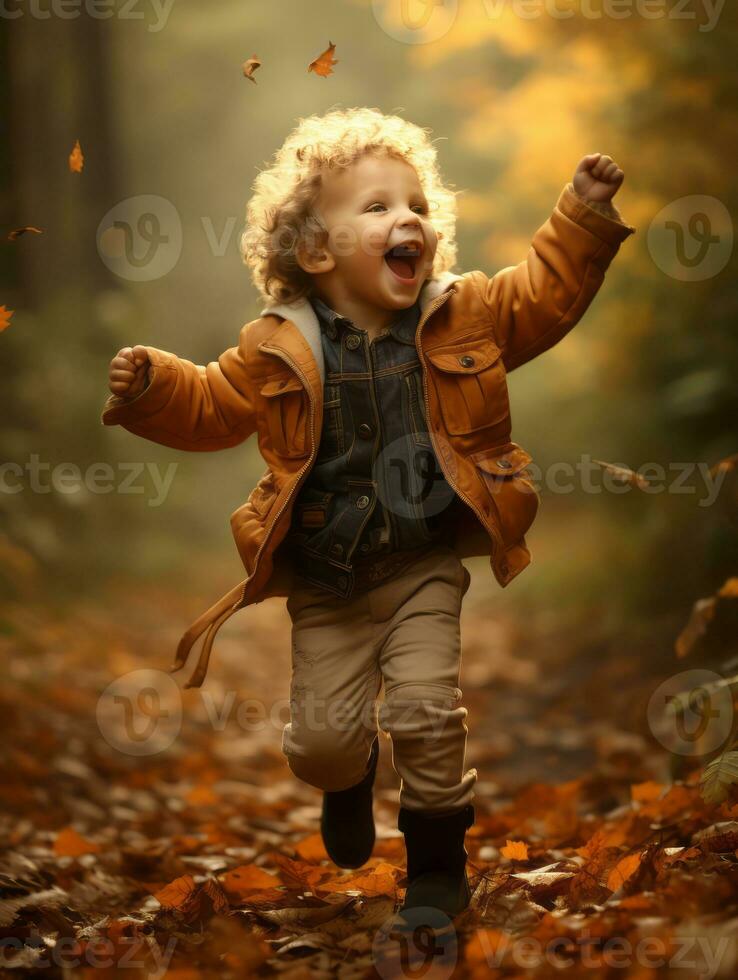 emotional dynamic pose Brazilian kid in autumn AI Generative photo