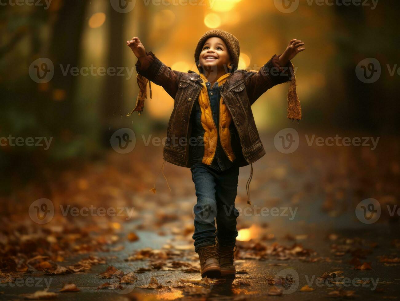 emotional dynamic pose Brazilian kid in autumn AI Generative photo