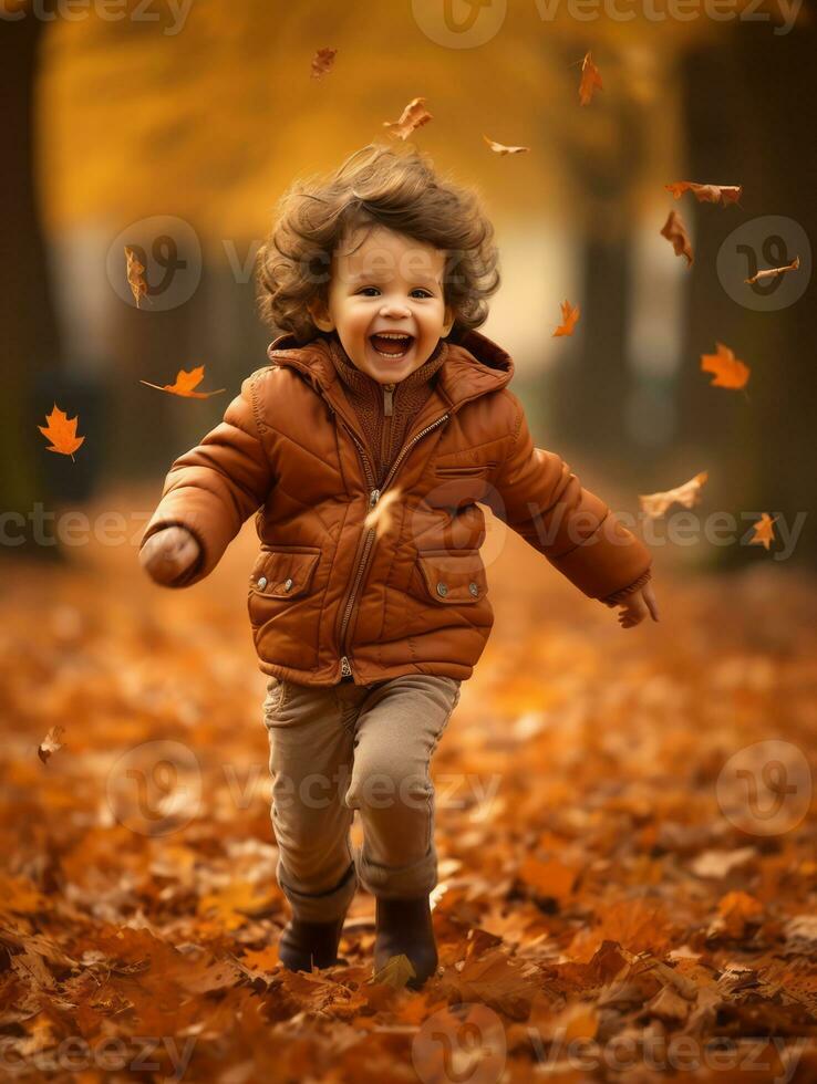 emotional dynamic pose Brazilian kid in autumn AI Generative photo