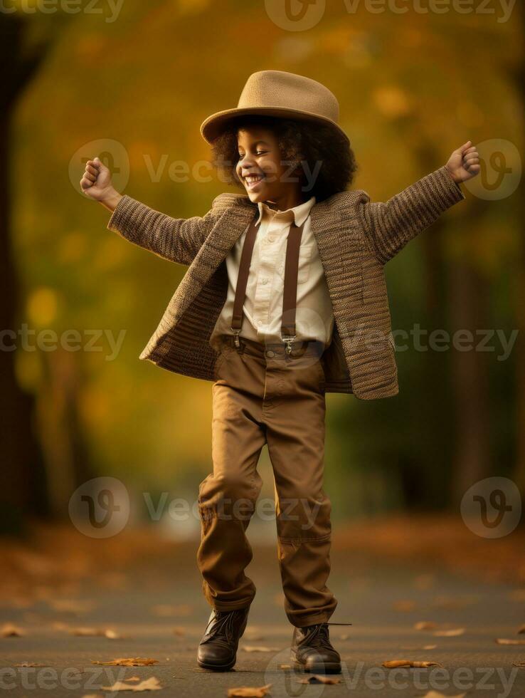 emotional dynamic pose Brazilian kid in autumn AI Generative photo