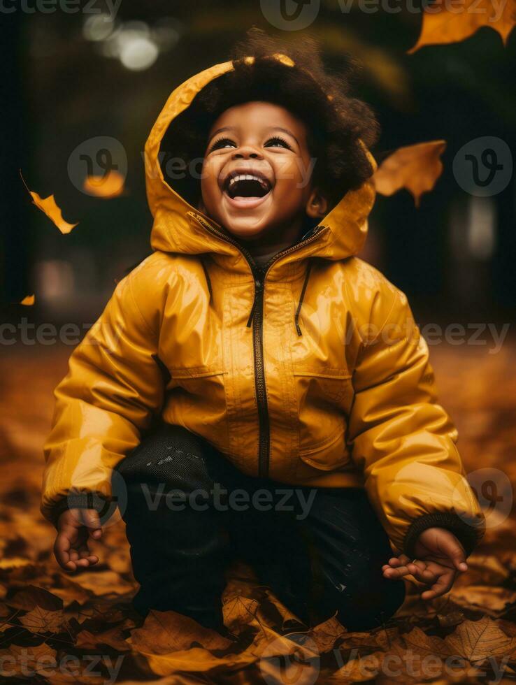 emotional dynamic pose Brazilian kid in autumn AI Generative photo