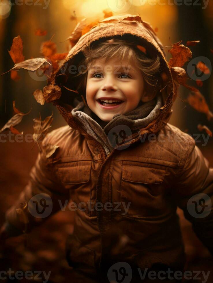 emotional dynamic pose Brazilian kid in autumn AI Generative photo