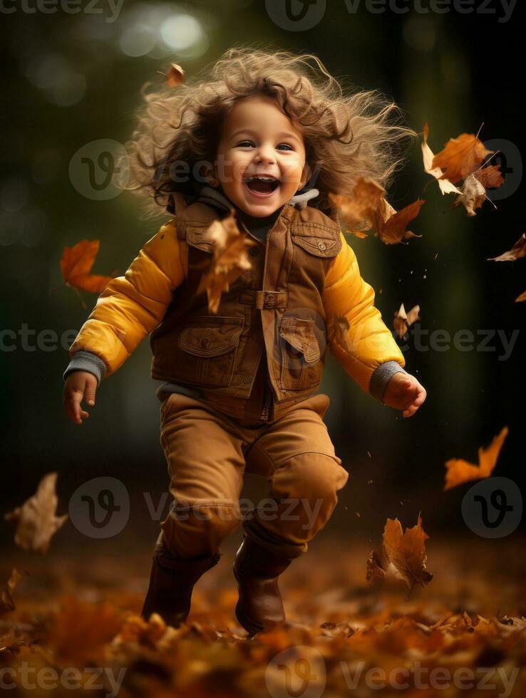 emotional dynamic pose Brazilian kid in autumn AI Generative photo