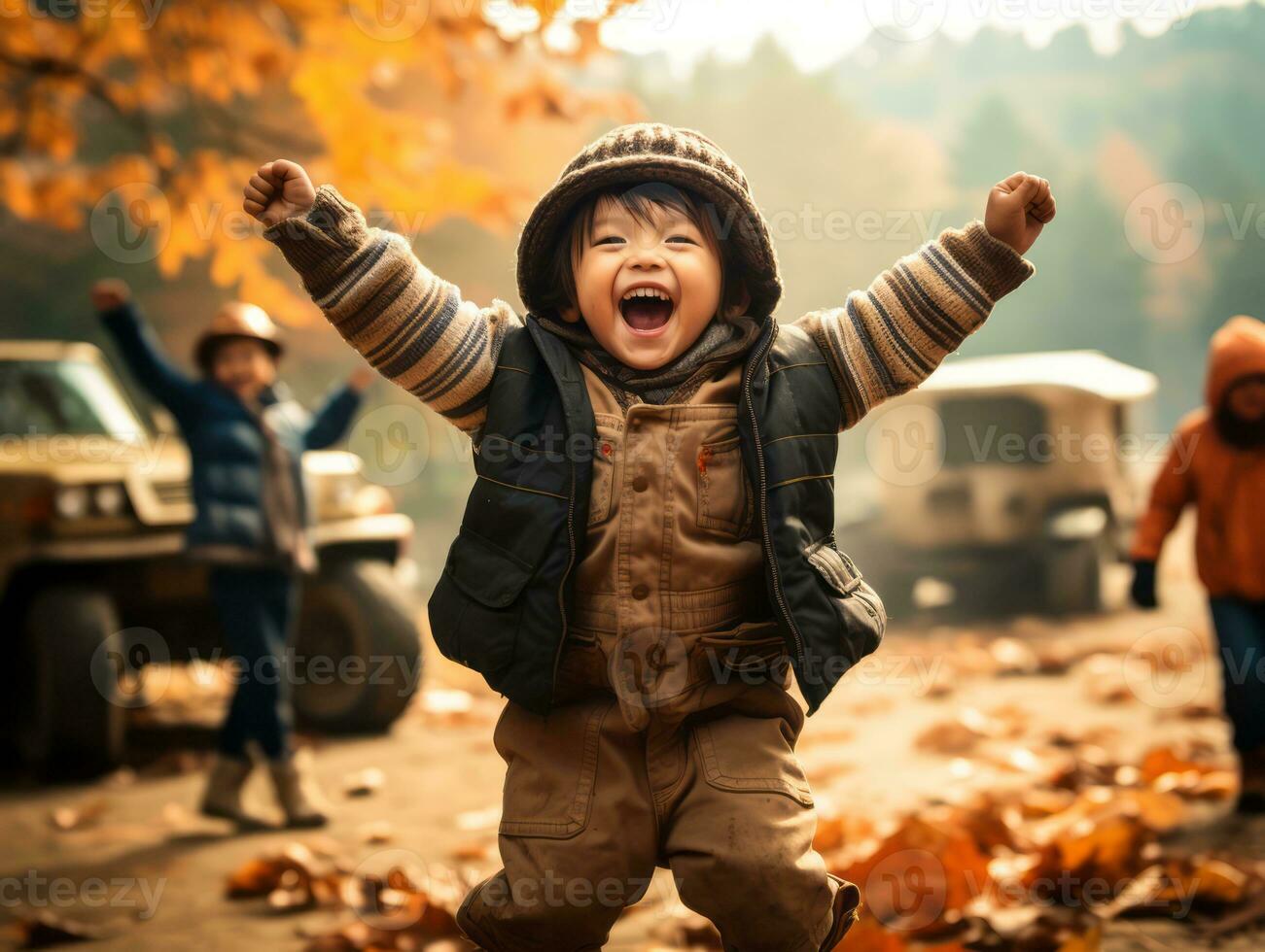 emotional dynamic pose Brazilian kid in autumn AI Generative photo