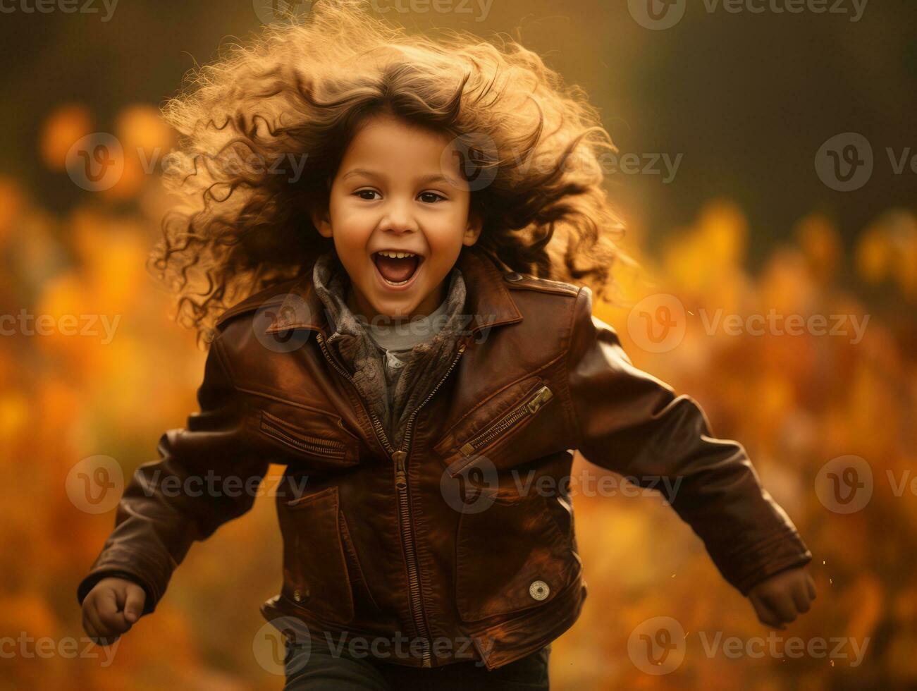 emotional dynamic pose Brazilian kid in autumn AI Generative photo