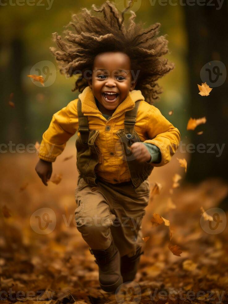emotional dynamic pose Brazilian kid in autumn AI Generative photo