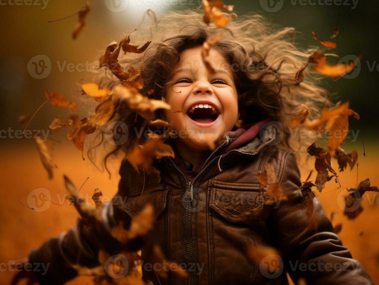 emotional dynamic pose Brazilian kid in autumn AI Generative photo