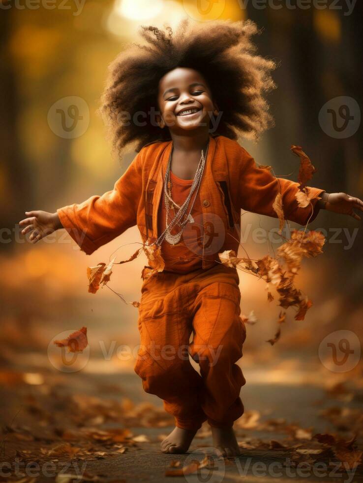 emotional dynamic pose Brazilian kid in autumn AI Generative photo