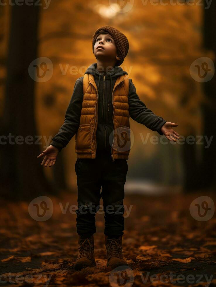 emotional dynamic pose Brazilian kid in autumn AI Generative photo