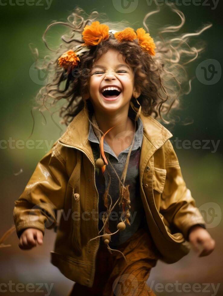 emotional dynamic pose Brazilian kid in autumn AI Generative photo