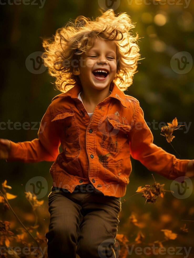 emotional dynamic pose Brazilian kid in autumn AI Generative photo