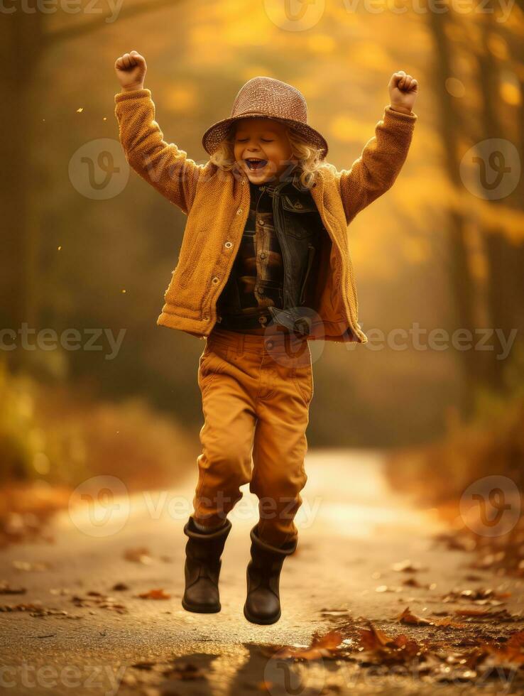 emotional dynamic pose Brazilian kid in autumn AI Generative photo