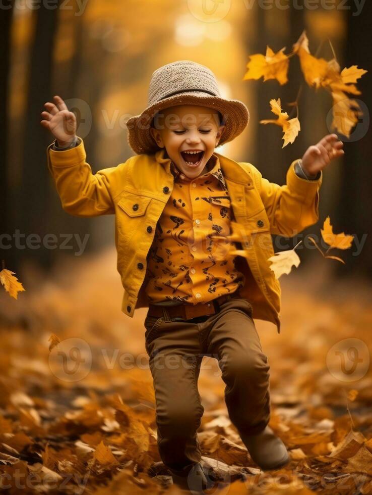 emotional dynamic pose Brazilian kid in autumn AI Generative photo