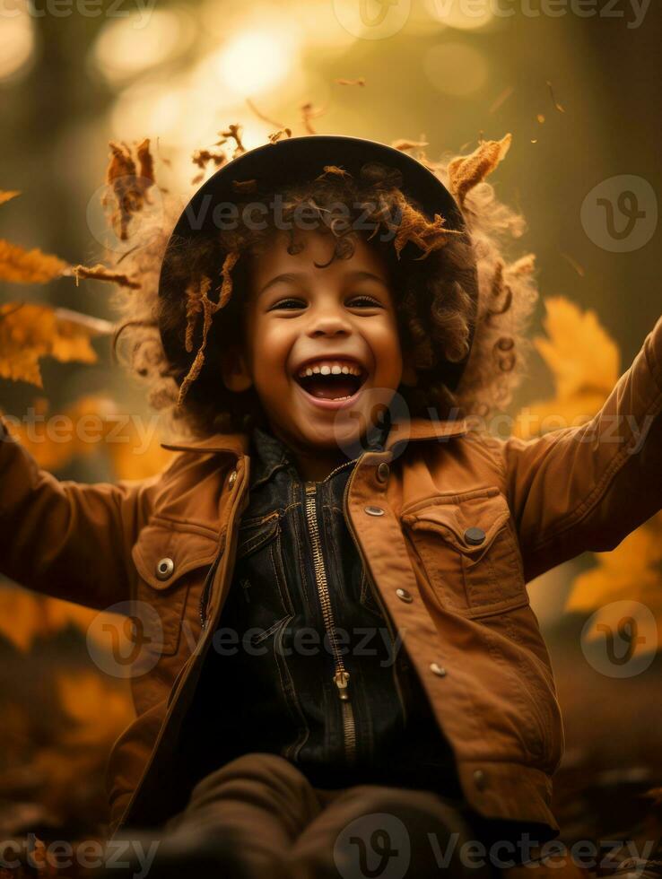 emotional dynamic pose Brazilian kid in autumn AI Generative photo