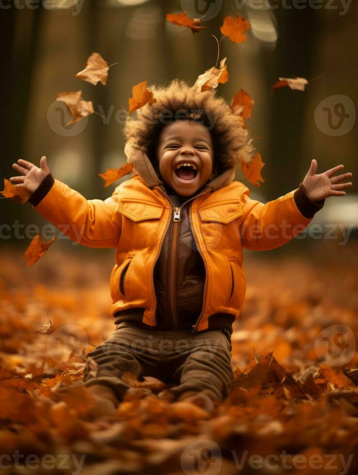 emotional dynamic pose Brazilian kid in autumn AI Generative photo