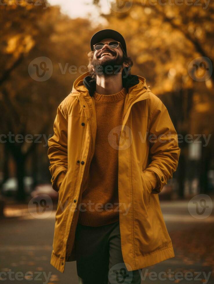 photo of emotional dynamic pose Brazilian man in autumn AI Generative