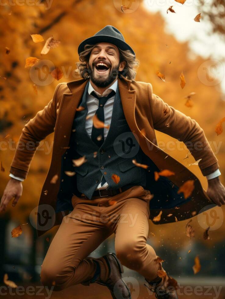 photo of emotional dynamic pose Brazilian man in autumn AI Generative