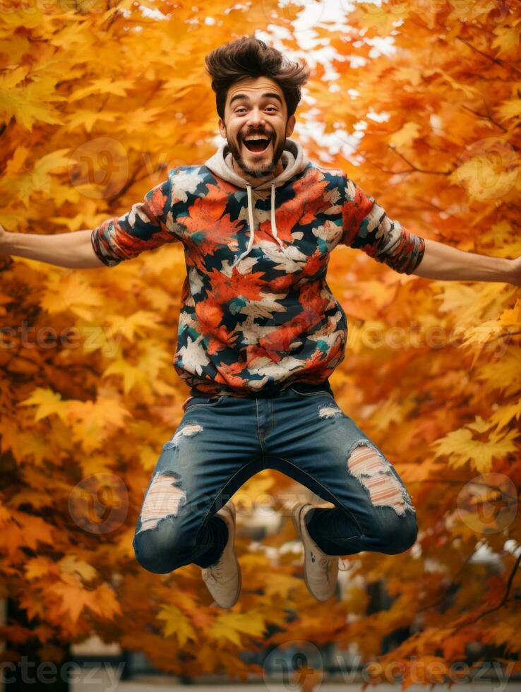 photo of emotional dynamic pose Brazilian man in autumn AI Generative