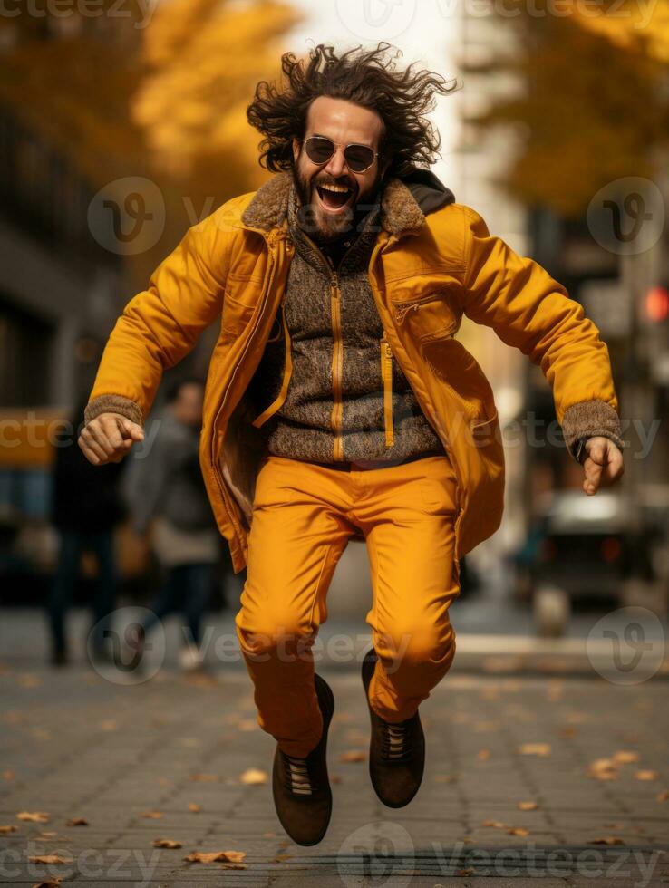 photo of emotional dynamic pose Brazilian man in autumn AI Generative