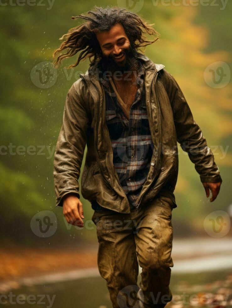 photo of emotional dynamic pose Brazilian man in autumn AI Generative