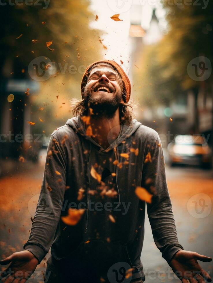 photo of emotional dynamic pose Brazilian man in autumn AI Generative