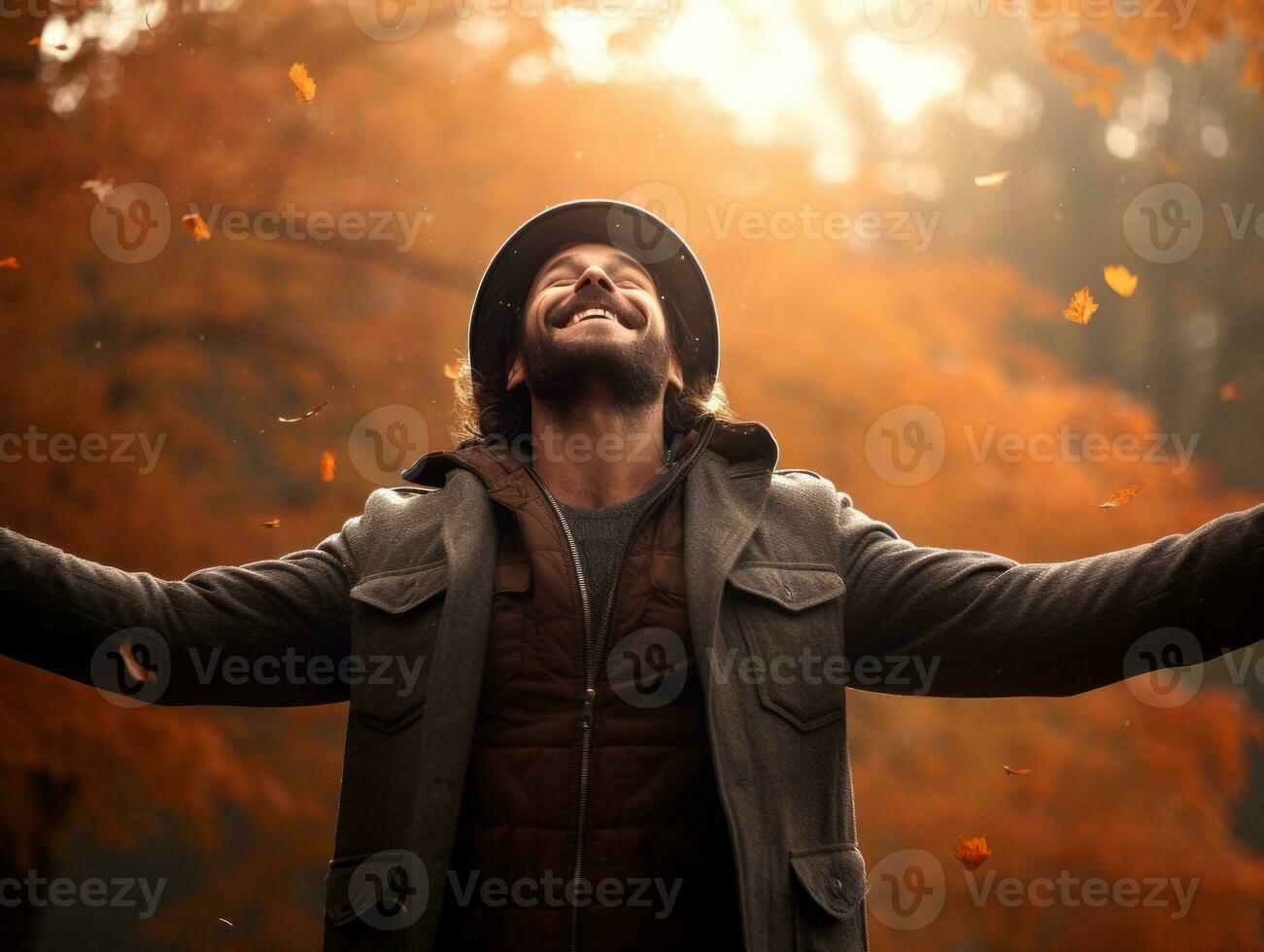 photo of emotional dynamic pose Brazilian man in autumn AI Generative