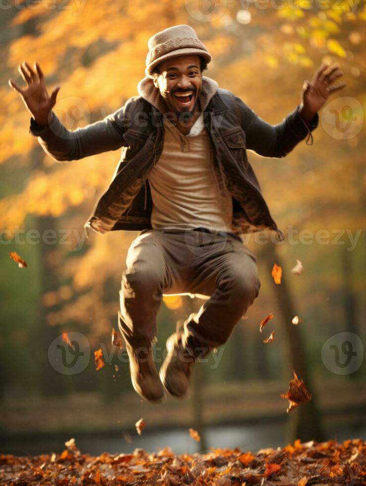 photo of emotional dynamic pose Brazilian man in autumn AI Generative