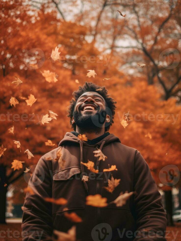 photo of emotional dynamic pose Brazilian man in autumn AI Generative