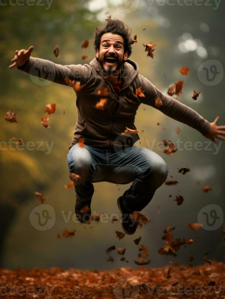 photo of emotional dynamic pose Brazilian man in autumn AI Generative