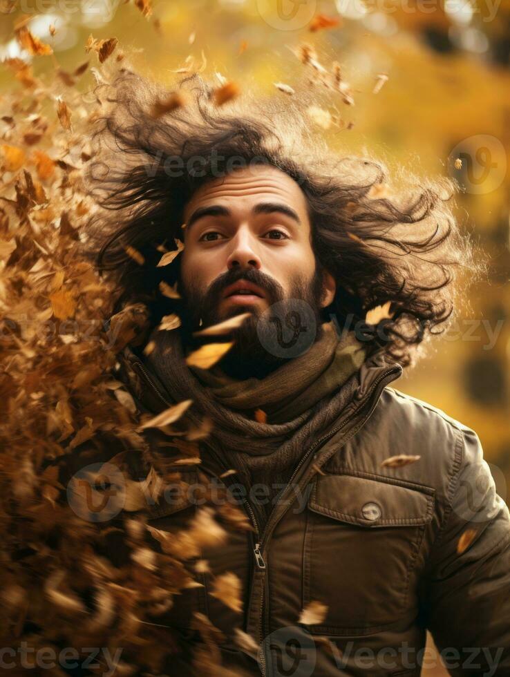 photo of emotional dynamic pose Brazilian man in autumn AI Generative