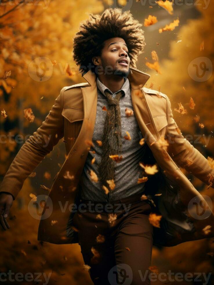 photo of emotional dynamic pose Brazilian man in autumn AI Generative