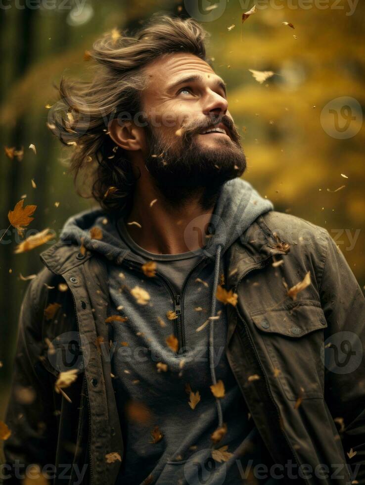photo of emotional dynamic pose Brazilian man in autumn AI Generative