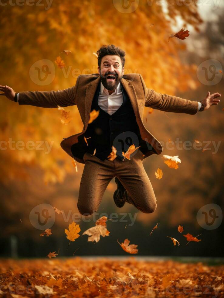 photo of emotional dynamic pose Brazilian man in autumn AI Generative