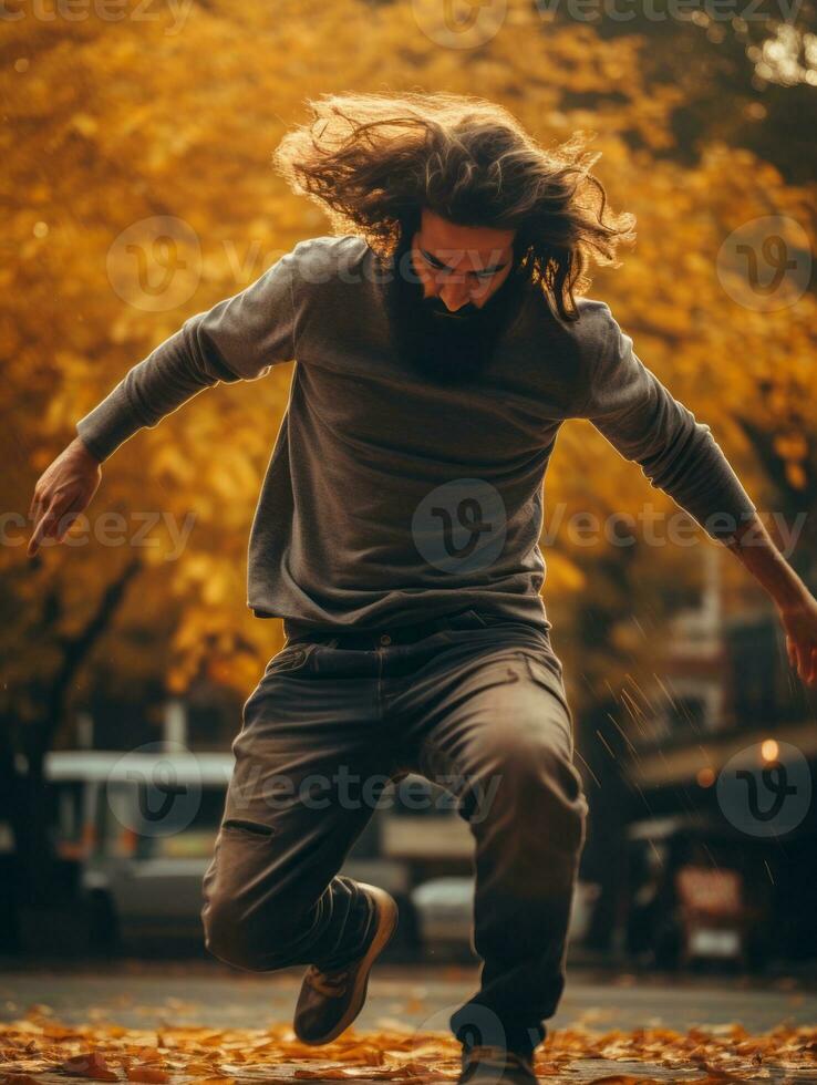 photo of emotional dynamic pose Brazilian man in autumn AI Generative