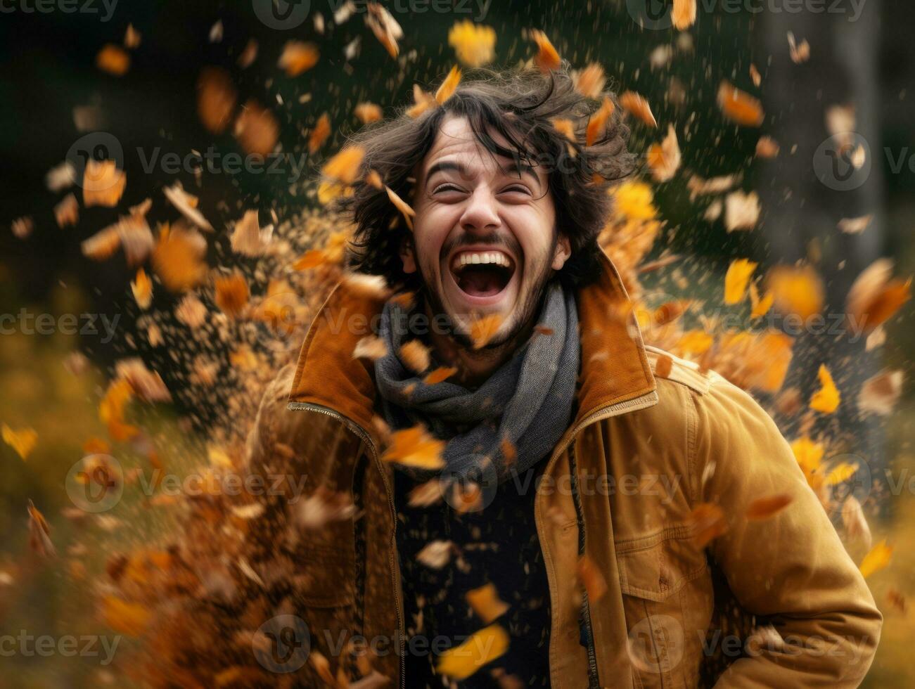 photo of emotional dynamic pose Brazilian man in autumn AI Generative