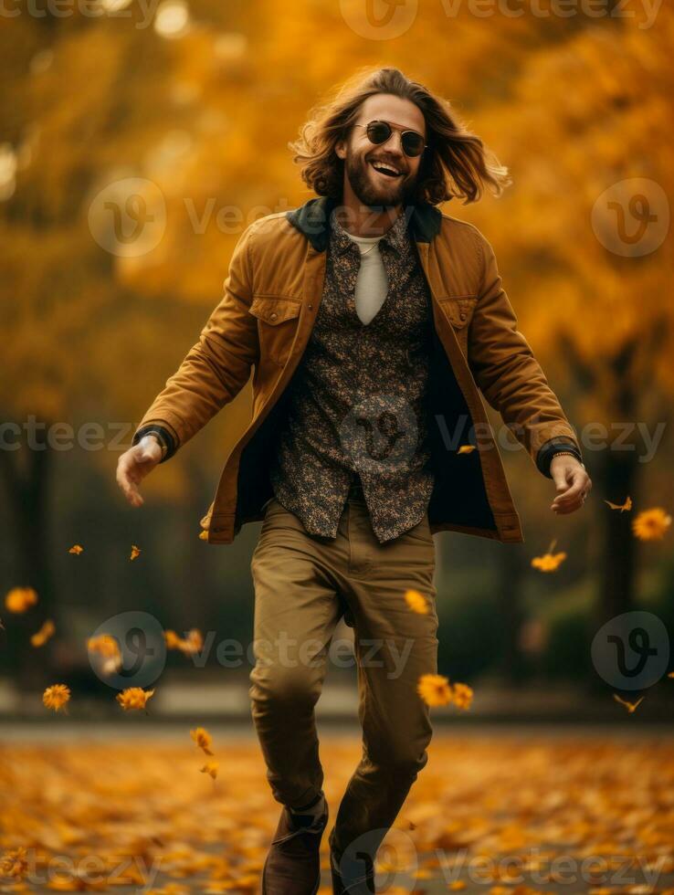 photo of emotional dynamic pose Brazilian man in autumn AI Generative