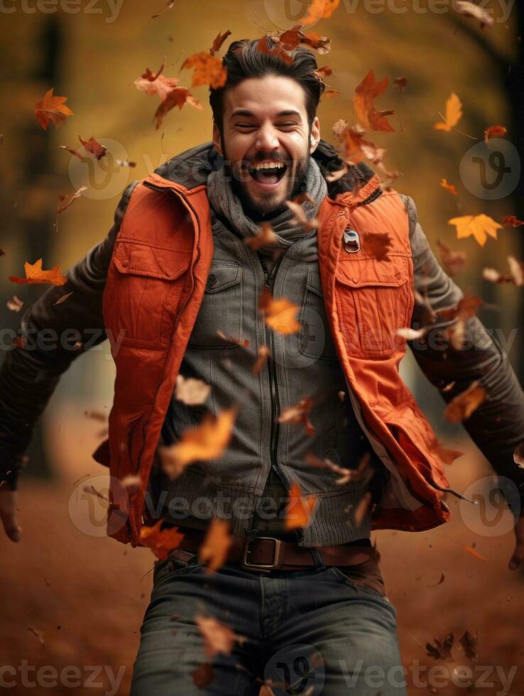 photo of emotional dynamic pose Brazilian man in autumn AI Generative