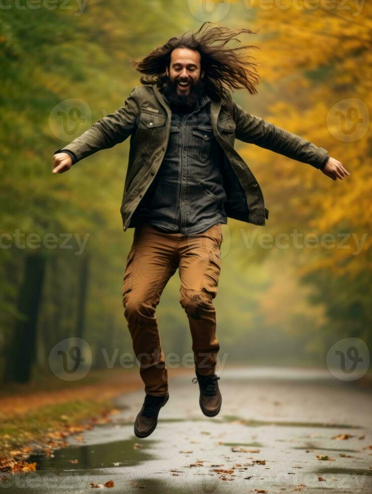 photo of emotional dynamic pose Brazilian man in autumn AI Generative