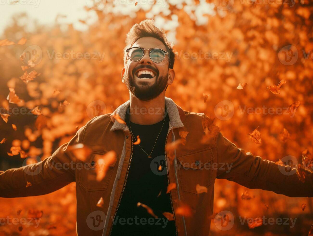photo of emotional dynamic pose Brazilian man in autumn AI Generative