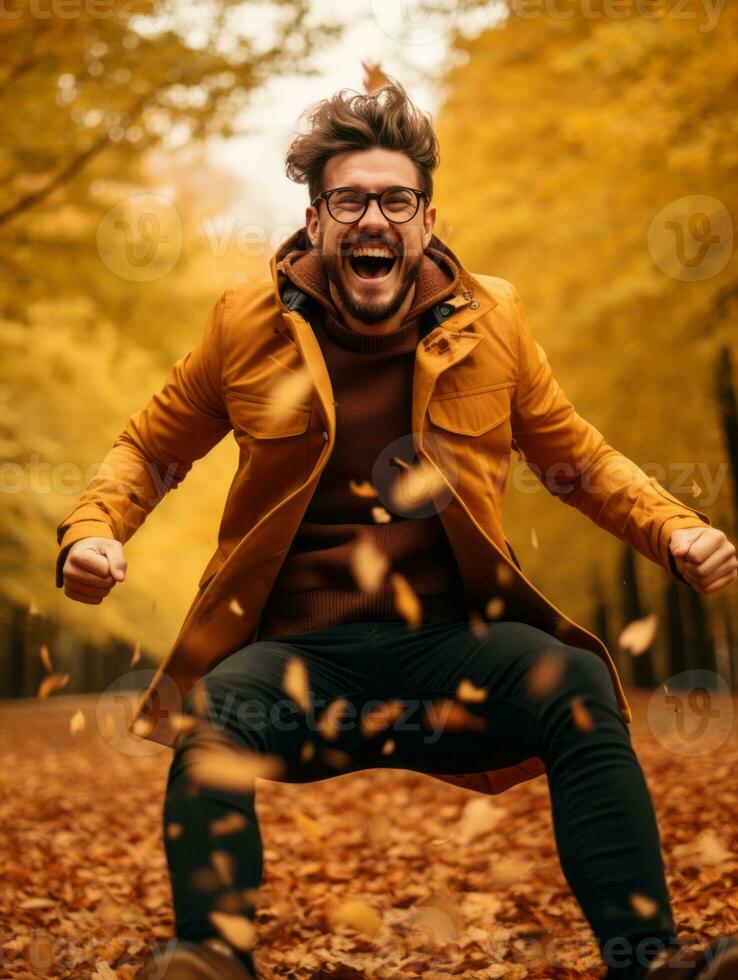 photo of emotional dynamic pose Brazilian man in autumn AI Generative