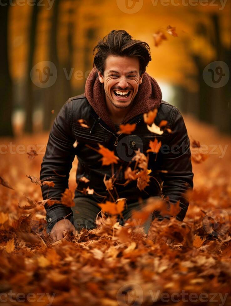 photo of emotional dynamic pose Brazilian man in autumn AI Generative