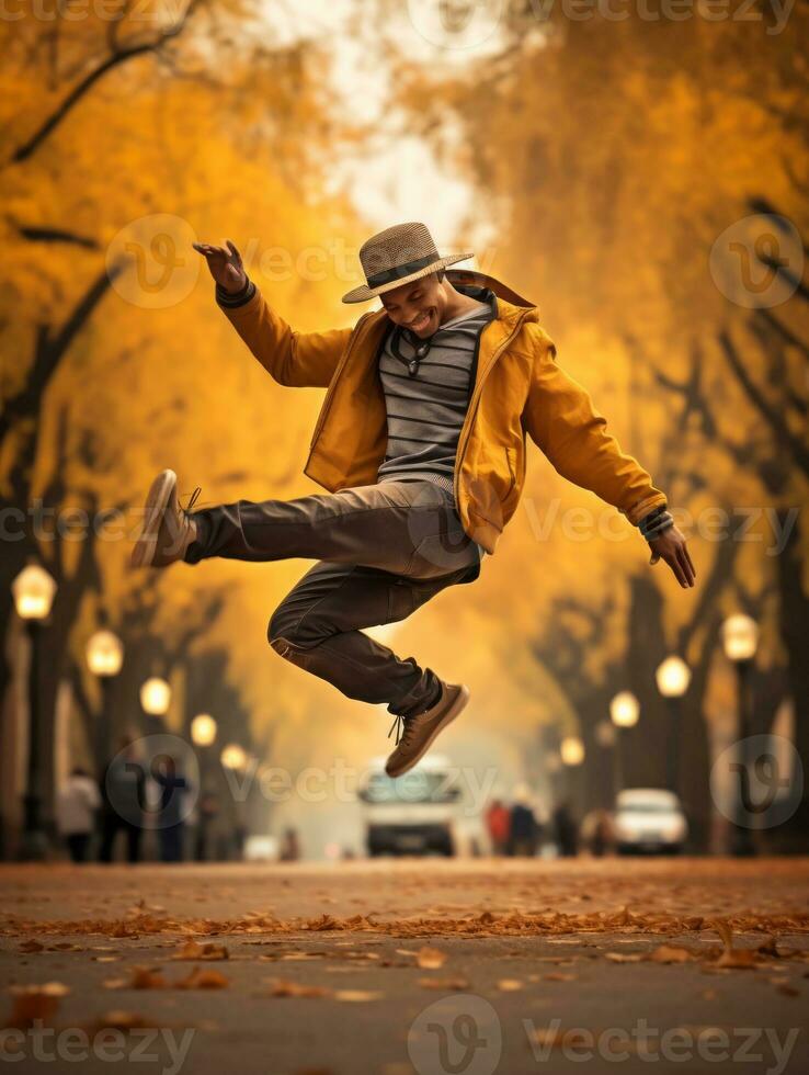 photo of emotional dynamic pose Brazilian man in autumn AI Generative