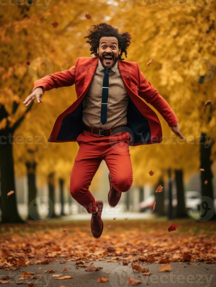 photo of emotional dynamic pose Brazilian man in autumn AI Generative