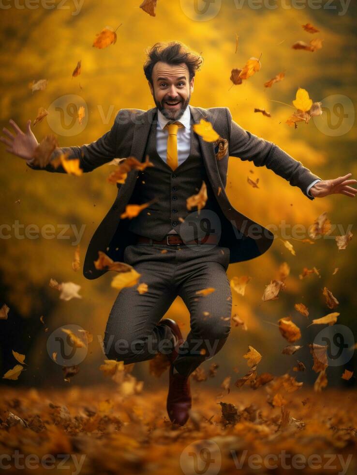 photo of emotional dynamic pose Brazilian man in autumn AI Generative
